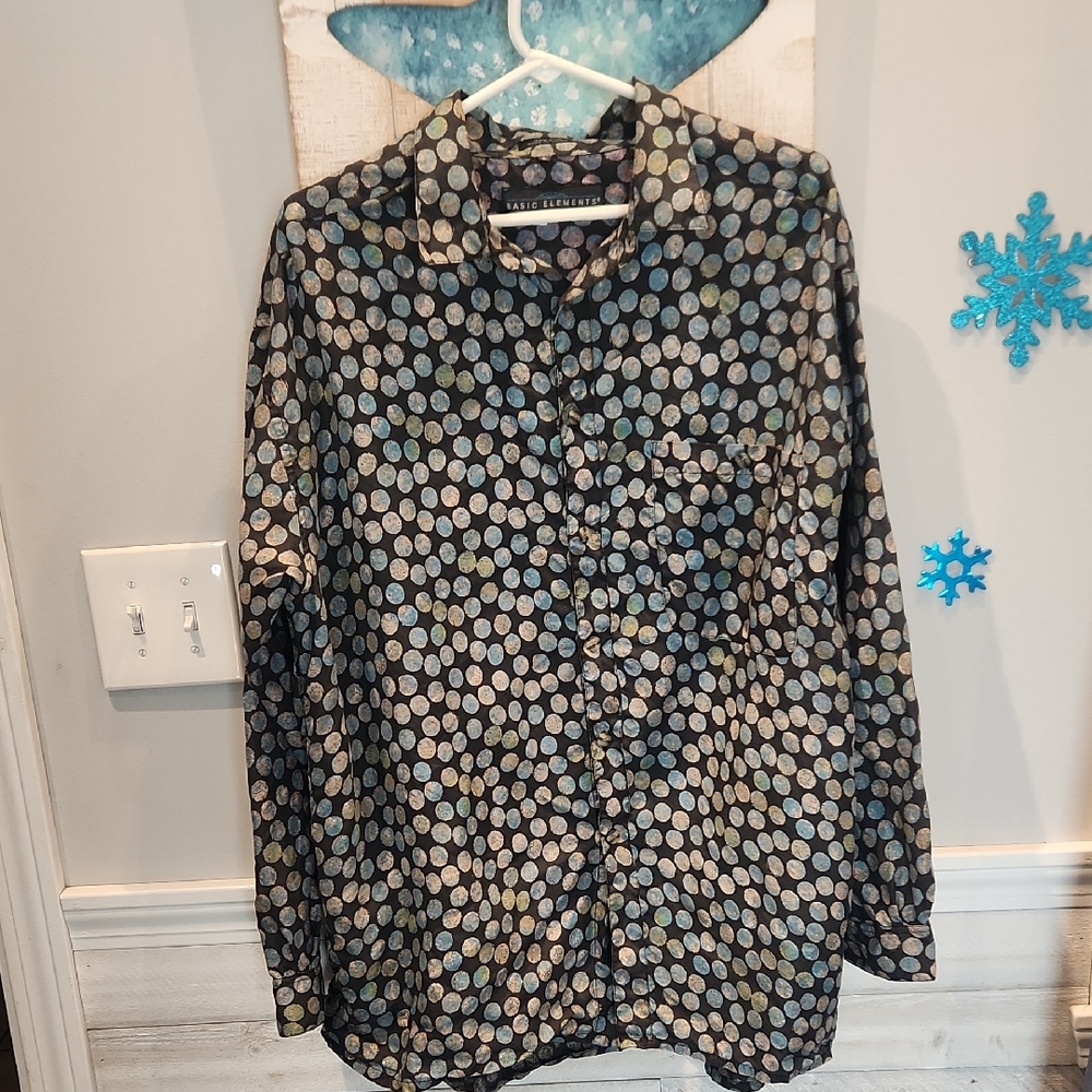 Basic Element Women's Sz L 100% Silk Polka Dot Button Down Shirt Front Pocket
